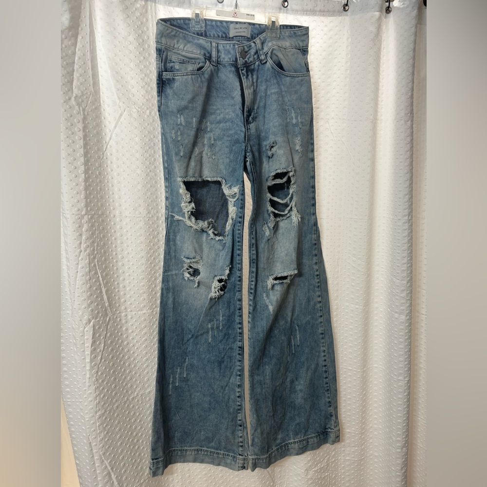 Blue Flare Wide Leg Jeans with Distressed Details